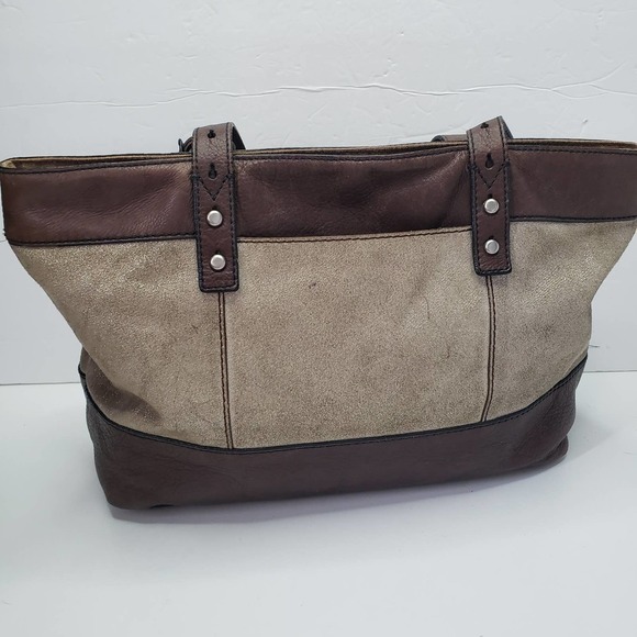 Fossil Zip Top Shoulder Bag Tote Leather Shimmer Fabric Purse - Picture 4 of 13